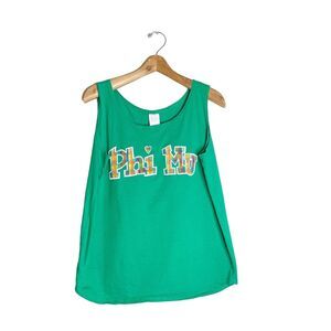 Vintage 90s L Large Phi Mu Tank Top Russell Athletic Embroidered Patch Green